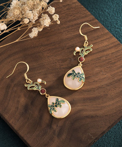 Pendientes colgantes de cloisonné con ágata y jade dorado antiguo verde retro