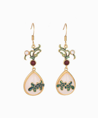 Pendientes colgantes de cloisonné con ágata y jade dorado antiguo verde retro