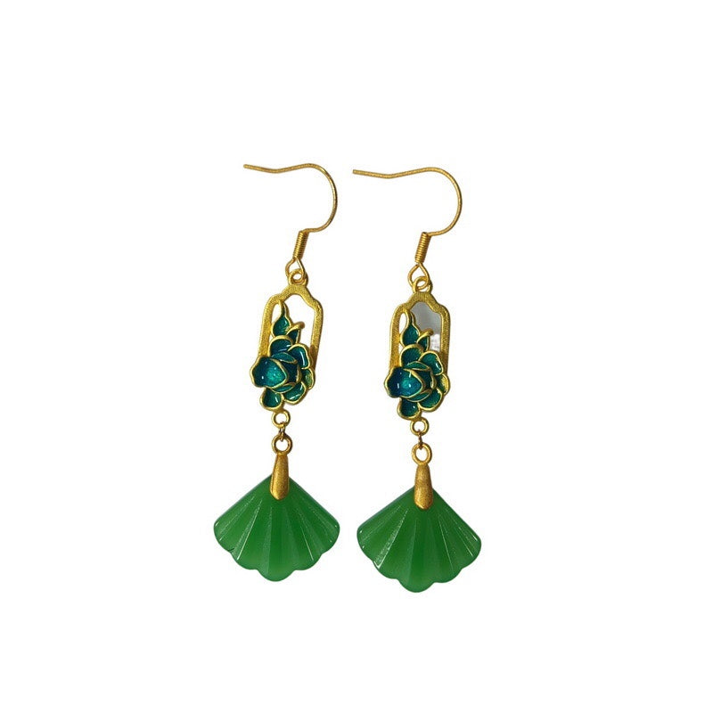 Pendientes colgantes con borlas en forma de abanico de concha de jade y oro antiguo verde retro