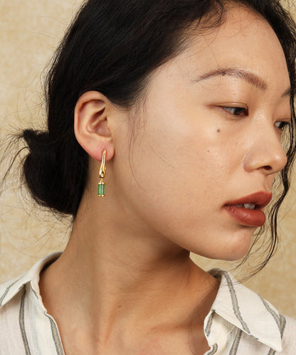 Retro Green Copper Overgild Chalcedony Asymmetrical Water Droplet Drop Earrings