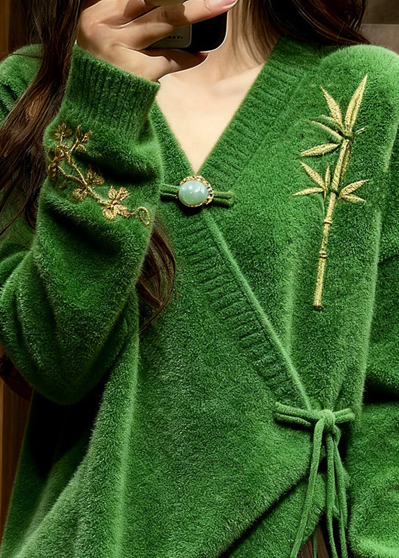 Retro Green Embroidered Cozy Cotton Knit Sweaters Fall