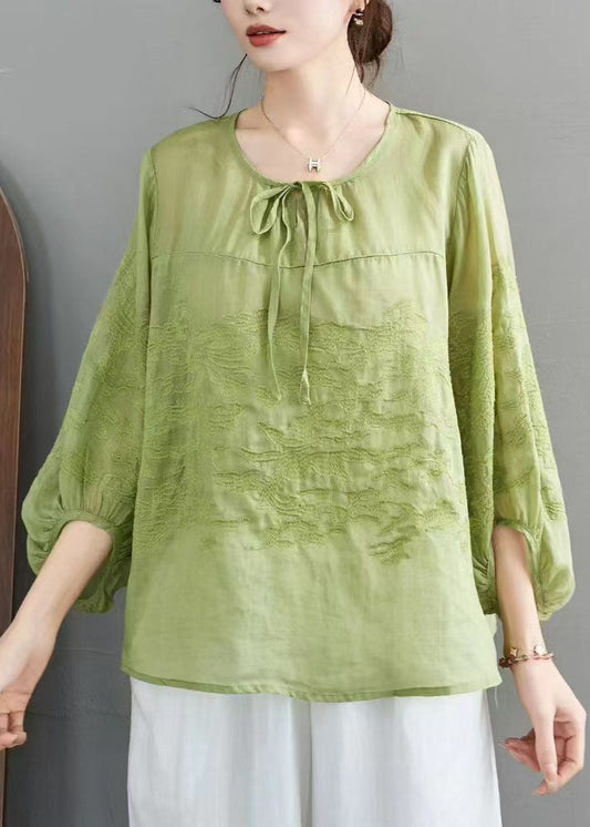 Retro Green Embroidery Lace Up Linen Top Summer