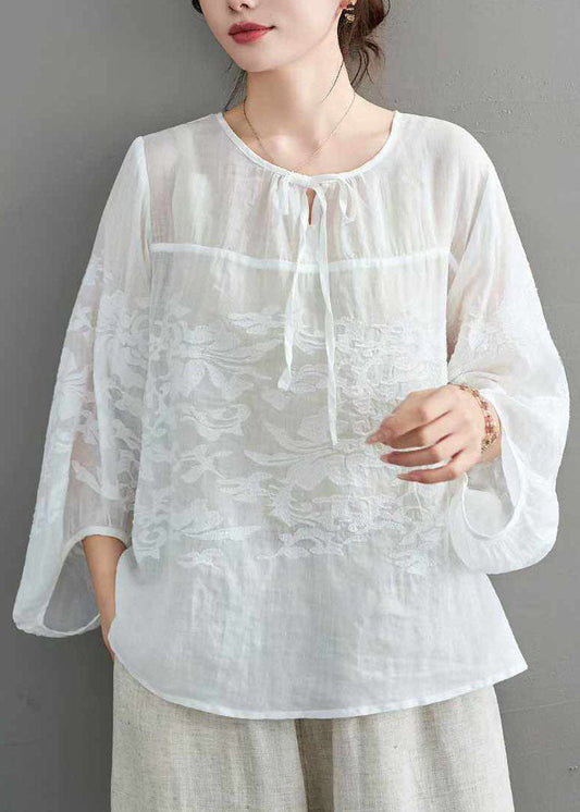 Retro Green Embroidery Lace Up Linen Top Summer