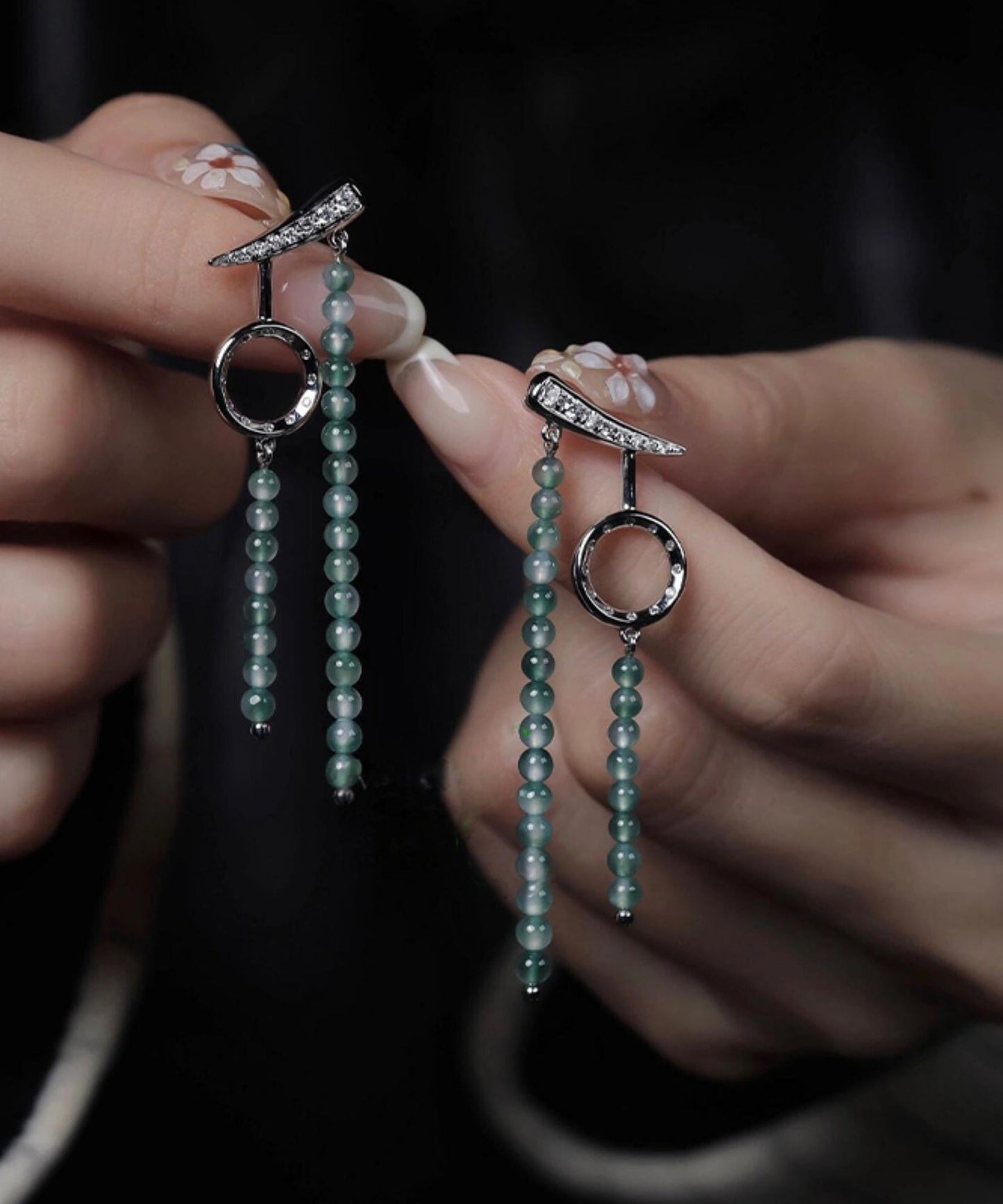 Retro Green Stainless Steel Asymmetrical Beading Drop Earrings