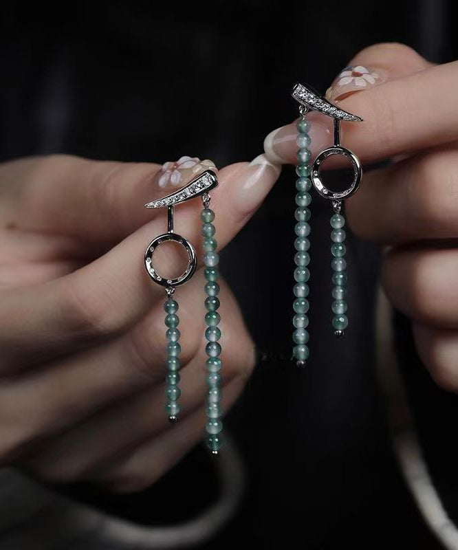 Retro Green Stainless Steel Asymmetrical Beading Drop Earrings