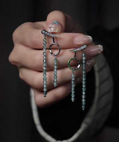 Retro Green Stainless Steel Asymmetrical Beading Drop Earrings