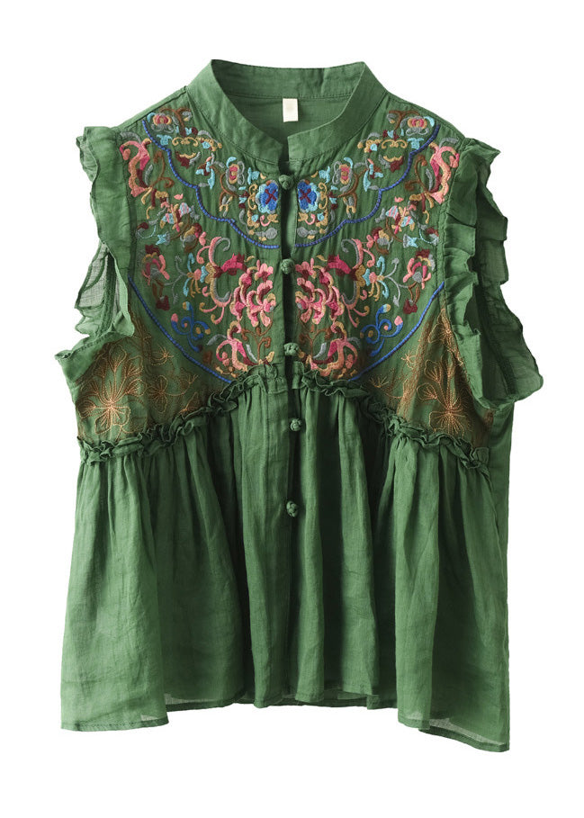 Retro Grünes Patchwork-Ramie-Top mit Stehkragen und ärmellos