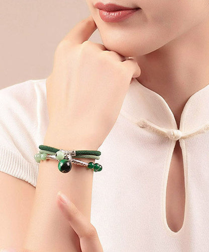 Pulsera retro de plata de ley verde con dije de ojo de tigre y ágata verde jade