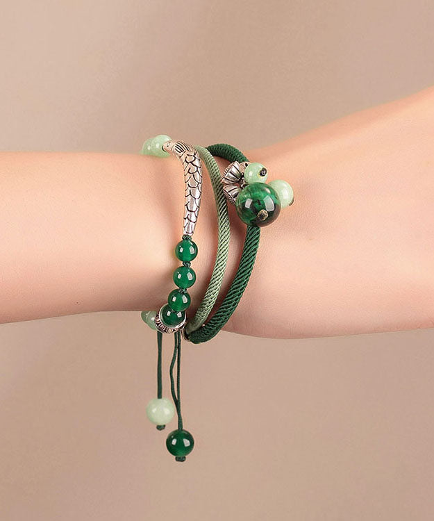 Pulsera retro de plata de ley verde con dije de ojo de tigre y ágata verde jade