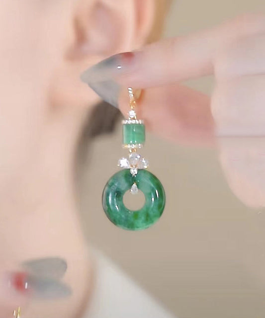 Retro Grüne Sterling Silber Jade Ping Schnalle Zirkon Tropfen Ohrringe