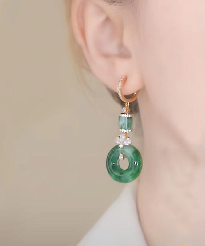 Pendientes colgantes de circonita con hebilla de jade y plata de ley verde retro