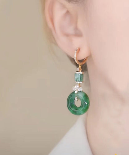Pendientes colgantes de circonita con hebilla de jade y plata de ley verde retro
