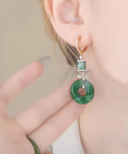 Pendientes colgantes de circonita con hebilla de jade y plata de ley verde retro