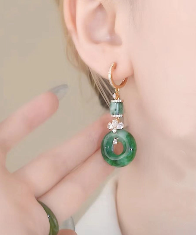 Pendientes colgantes de circonita con hebilla de jade y plata de ley verde retro