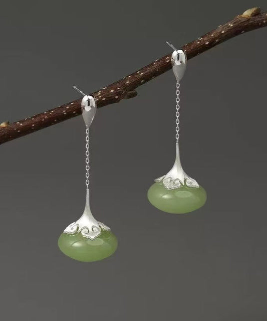 Pendientes colgantes de jade y ruyi en plata de ley verde retro