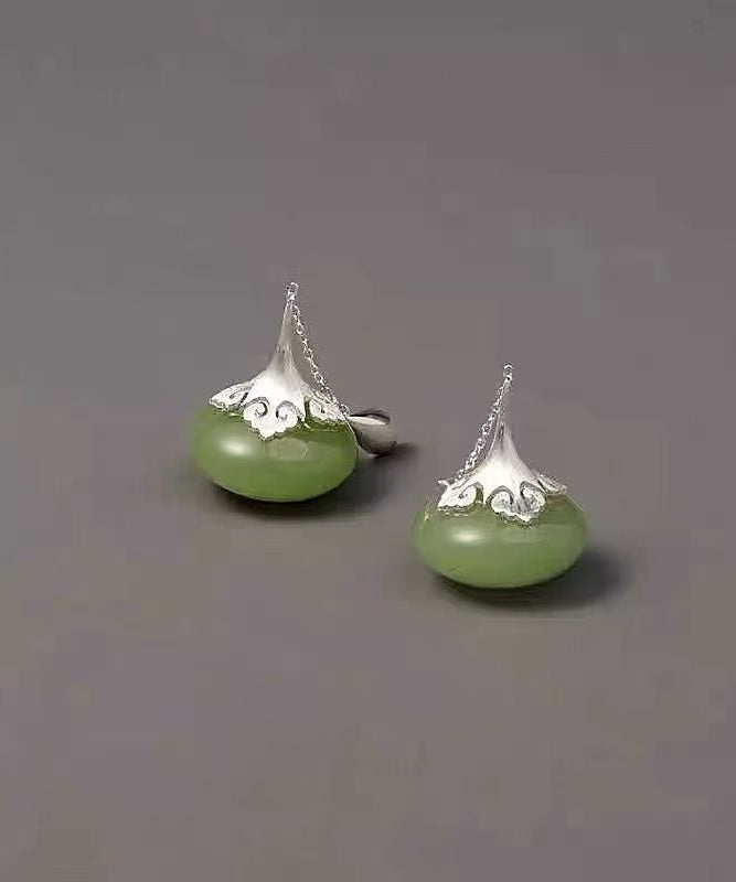 Pendientes colgantes de jade y ruyi en plata de ley verde retro