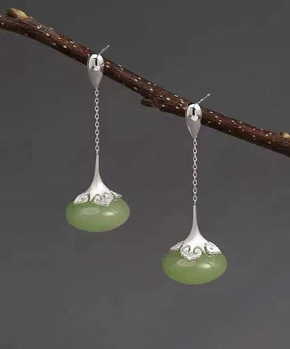 Pendientes colgantes de jade y ruyi en plata de ley verde retro