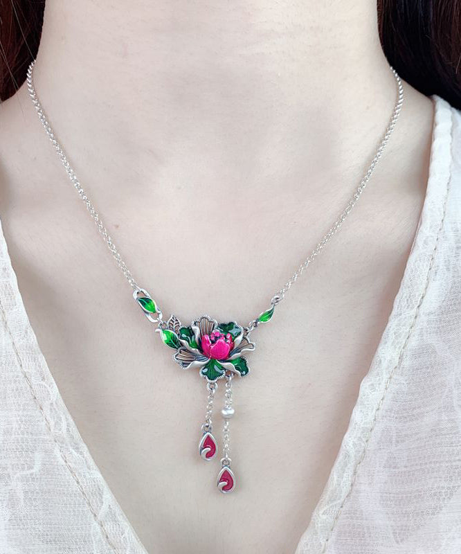 Retro Grüne Sterling Silber Lotus Quaste Anhänger Halskette