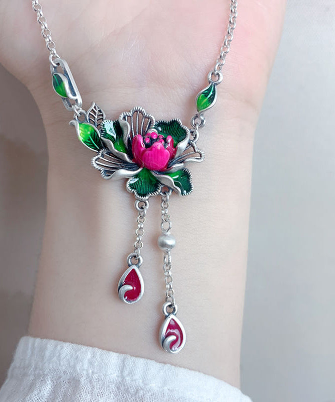 Retro Grüne Sterling Silber Lotus Quaste Anhänger Halskette