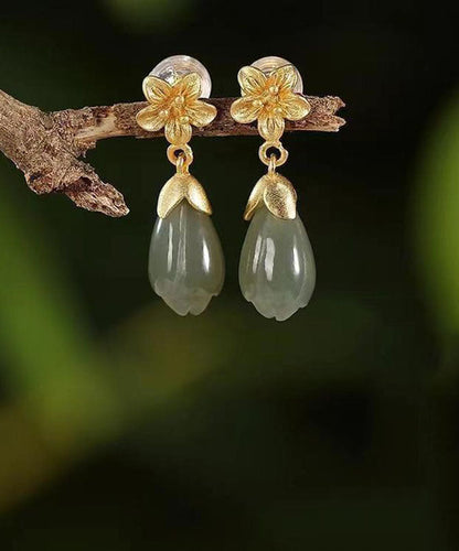 Retro Grüne Sterling Silber Overgild Jade Orchidee Tropfen Ohrringe