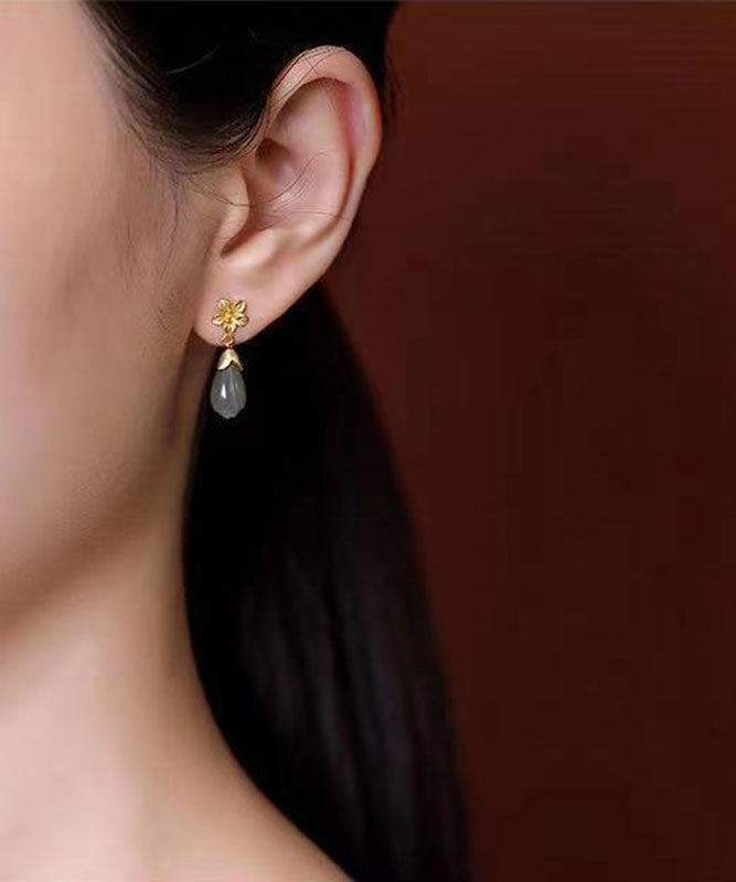 Retro Grüne Sterling Silber Overgild Jade Orchidee Tropfen Ohrringe