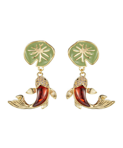 Retro Green Sterling Silver Overgilid Lotus Leaf Koi Drop Earrings