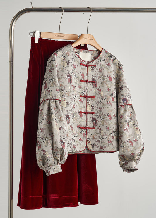 Retro Grey Oversized Print Cotton Oriental Jacket Spring