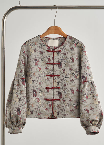 Chaqueta oriental de algodón con estampado oversize gris retro para primavera