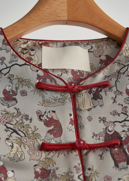 Chaqueta oriental de algodón con estampado oversize gris retro para primavera