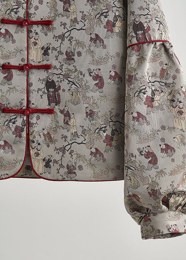 Chaqueta oriental de algodón con estampado oversize gris retro para primavera