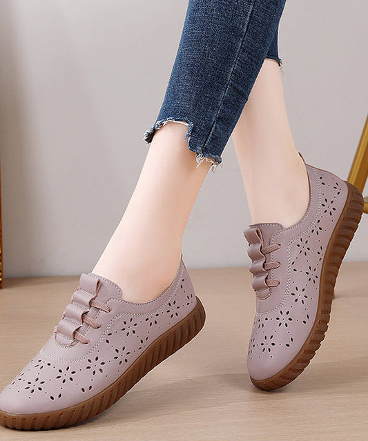 Retro Hollow Out Flat Shoes Purple Cowhide Leather