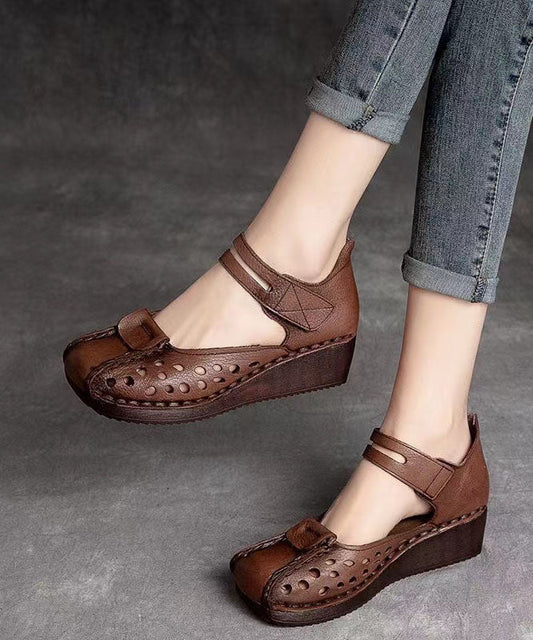 Retro Hollow Out Splicing Wedge Sandalen Braunes Rindsleder