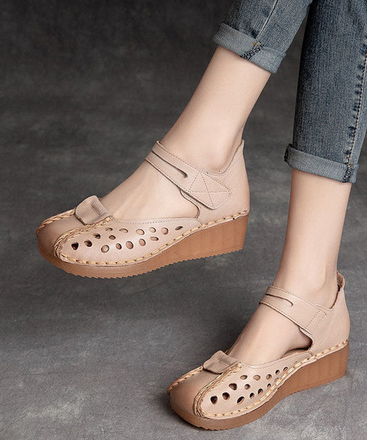 Retro Hollow Out Splicing Wedge Sandalen Braunes Rindsleder