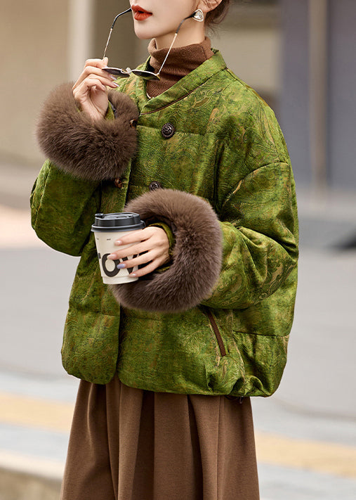 Abrigos de invierno retro de piel de zorro y pato con botones chinos de color caqui y patchwork