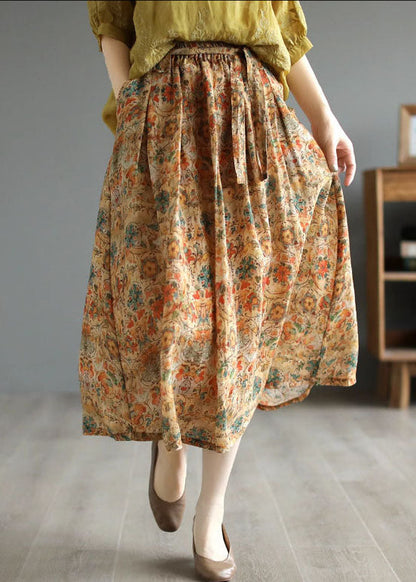 Faldas de lino con estampado de patchwork y bolsillos arrugados de color caqui retro para verano