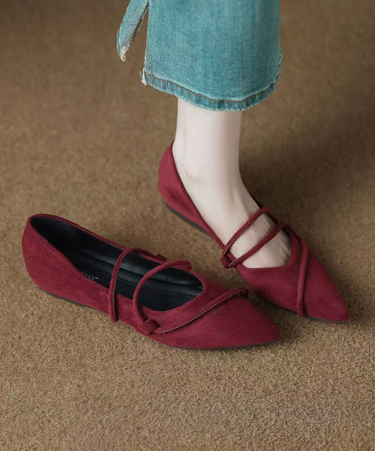 Retro Lace Up Flat Feet Shoes Red Cowhide Leather