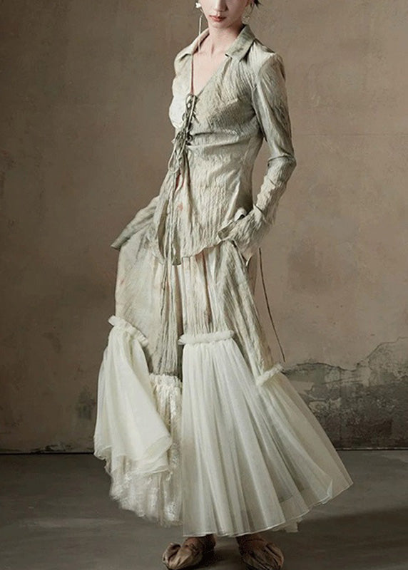 Retro Light Green Peter Pan Collar Tulle Patchwork Shirt And Maxi Skirts Two Piece Set Flare Sleeve