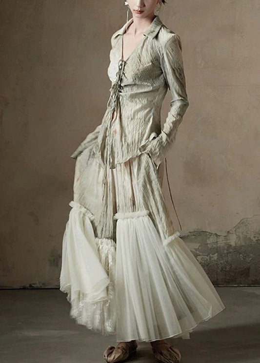 Retro Light Green Peter Pan Collar Tulle Patchwork Shirt And Maxi Skirts Two Piece Set Flare Sleeve