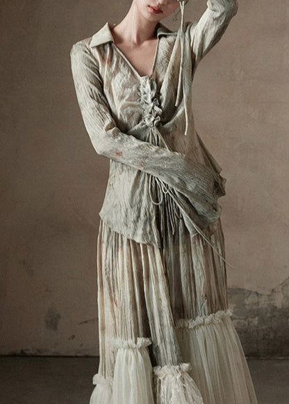 Retro Light Green Peter Pan Collar Tulle Patchwork Shirt And Maxi Skirts Two Piece Set Flare Sleeve