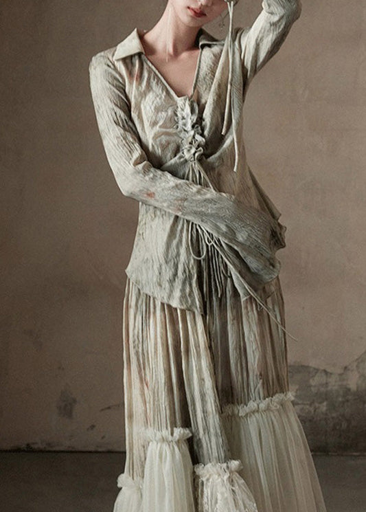 Retro Light Green Peter Pan Collar Tulle Patchwork Shirt And Maxi Skirts Two Piece Set Flare Sleeve