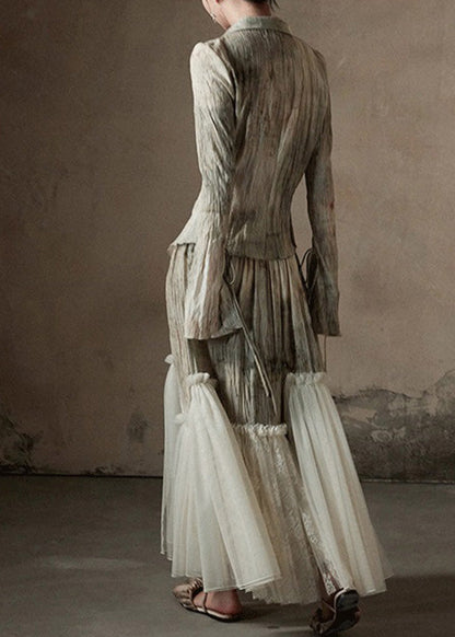 Retro Light Green Peter Pan Collar Tulle Patchwork Shirt And Maxi Skirts Two Piece Set Flare Sleeve