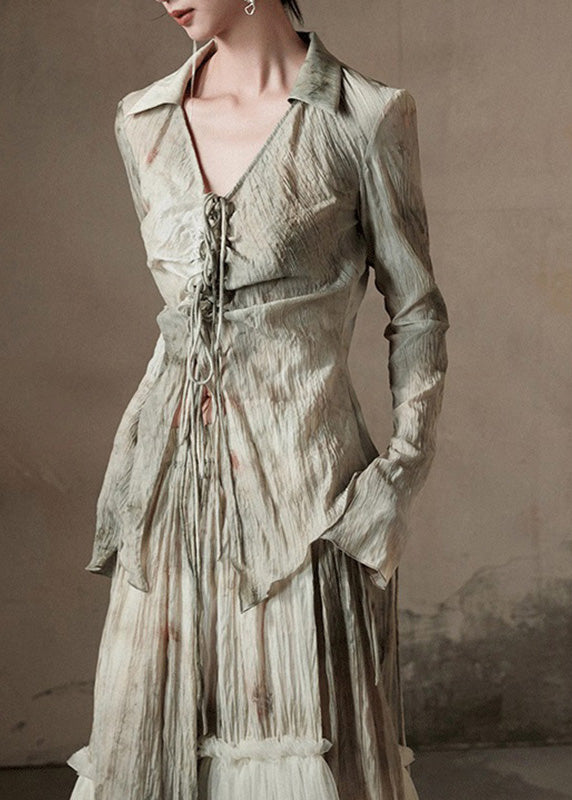 Retro Light Green Peter Pan Collar Tulle Patchwork Shirt And Maxi Skirts Two Piece Set Flare Sleeve