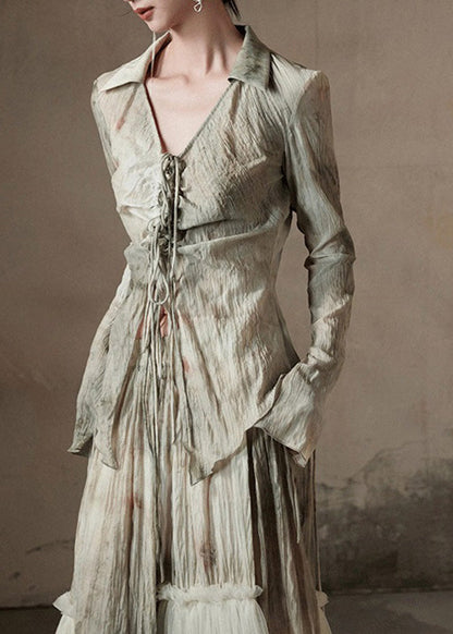 Retro Light Green Peter Pan Collar Tulle Patchwork Shirt And Maxi Skirts Two Piece Set Flare Sleeve