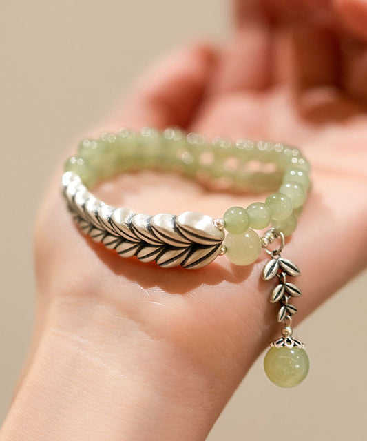 Pulsera retro de cadena con orejas de trigo, plata y jade verde claro