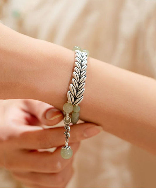 Pulsera retro de cadena con orejas de trigo, plata y jade verde claro