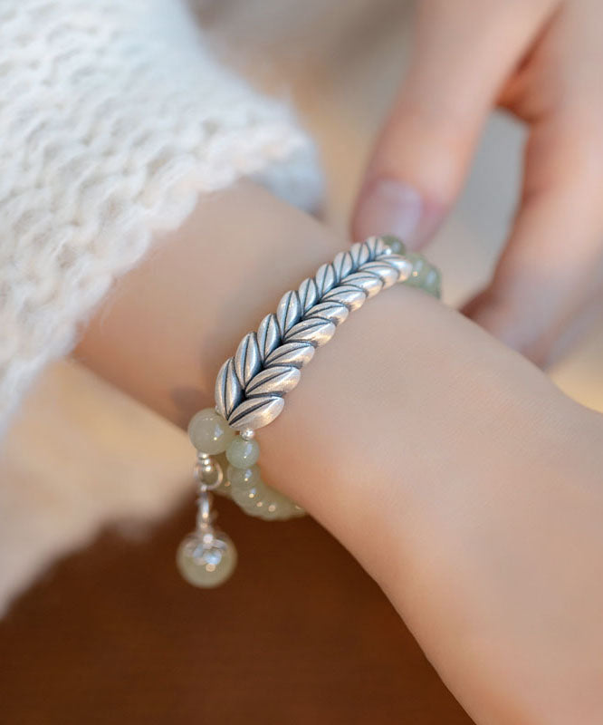 Retro Hellgrünes Jade Silber Weizenohr Kettenarmband