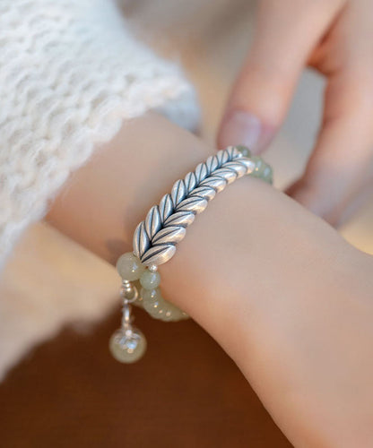 Retro Hellgrünes Jade Silber Weizenohr Kettenarmband