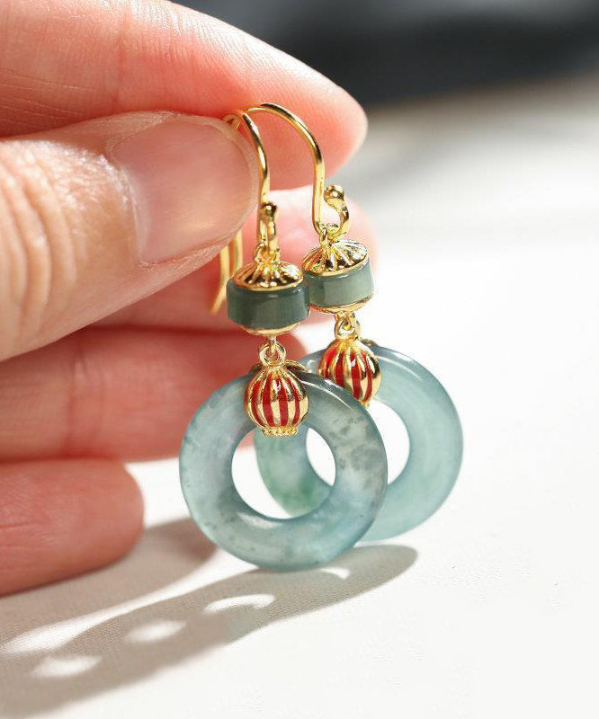 Retro Hellgrün Sterling Silber Overgild Jade Emaille Ping Schnalle Tropfen Ohrringe