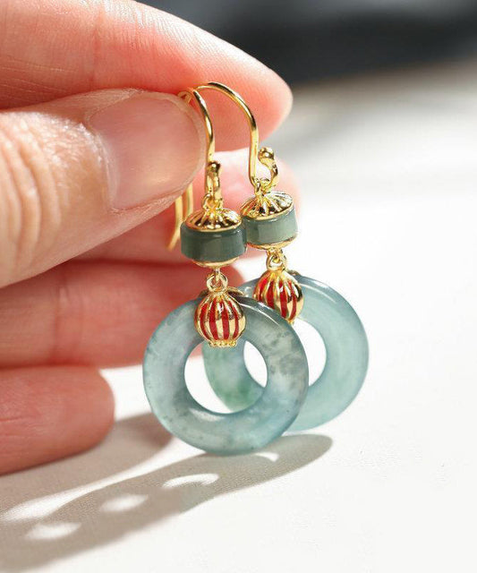 Pendientes colgantes con hebilla de ping y esmalte de jade dorado de plata esterlina verde claro retro