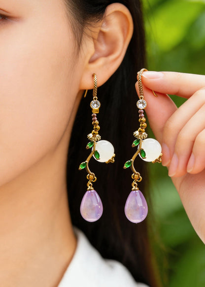 Retro Light Purple Asymmetrical Design Fine Jade Drop Earrings